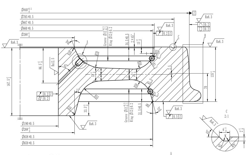 Tekening van 840 mm treinwagonwielen